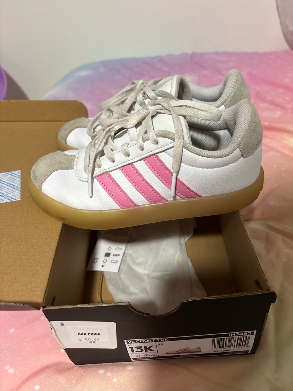 adidas Kids White Sneakers with Pink Stripes and Gum Sole